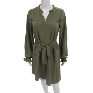Bobeau Women Green Long Sleeve Shirt Dress Mock Neck Mid Calf Size XS